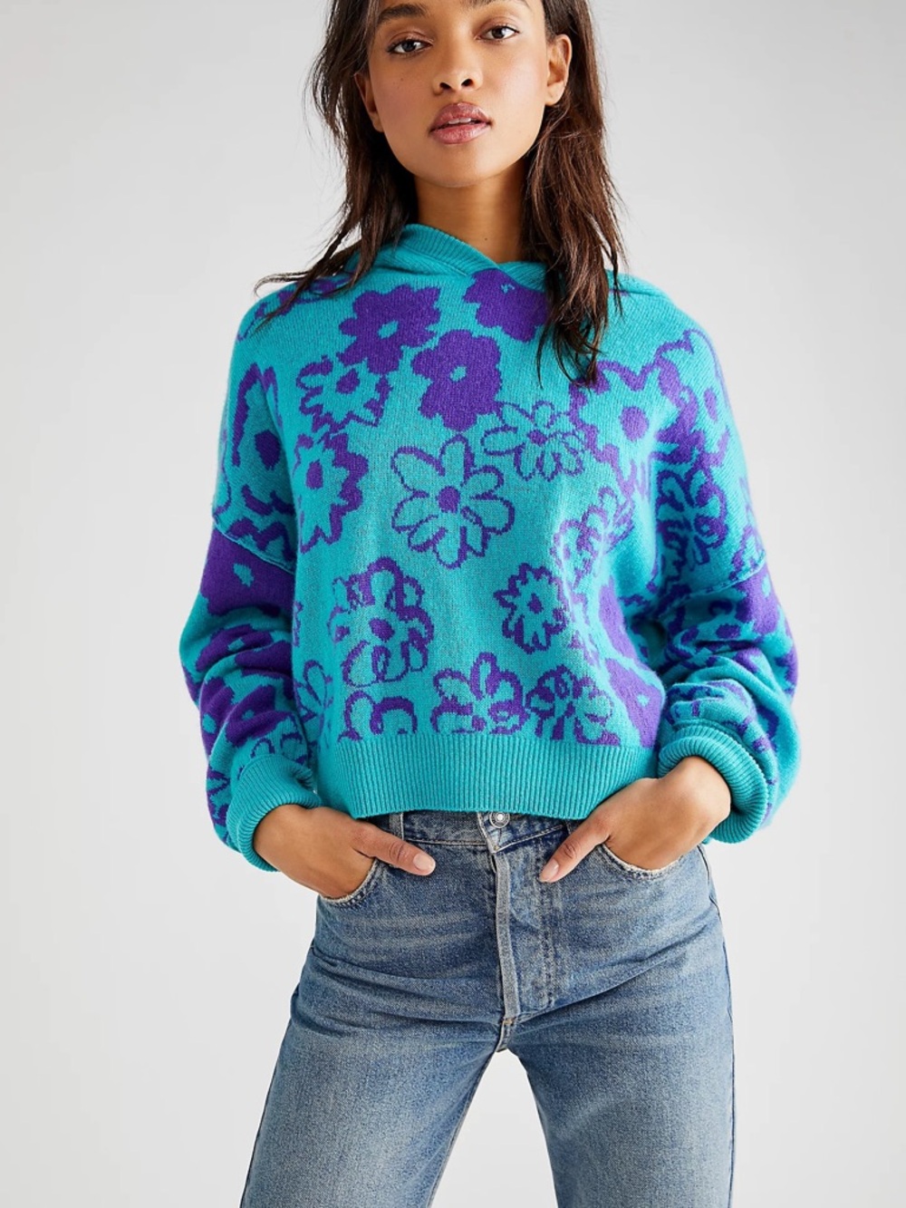 Free People Cashmere Teal Purple Flower Floral Hoodie Sweater in Size Small